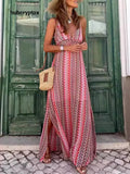 Bohemian Print V-Neck Spaghetti Strap Slit Maxi Dress - Pink / S