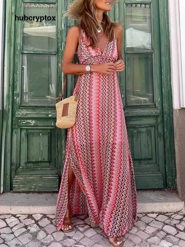 Bohemian Print V-Neck Spaghetti Strap Slit Maxi Dress - Pink / S