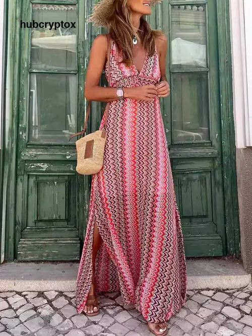 Bohemian Print V-Neck Spaghetti Strap Slit Maxi Dress - Pink / S