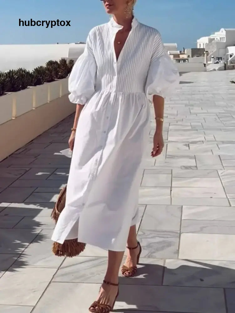 Bohemian Ruched Lantern Sleeve Midi Dress