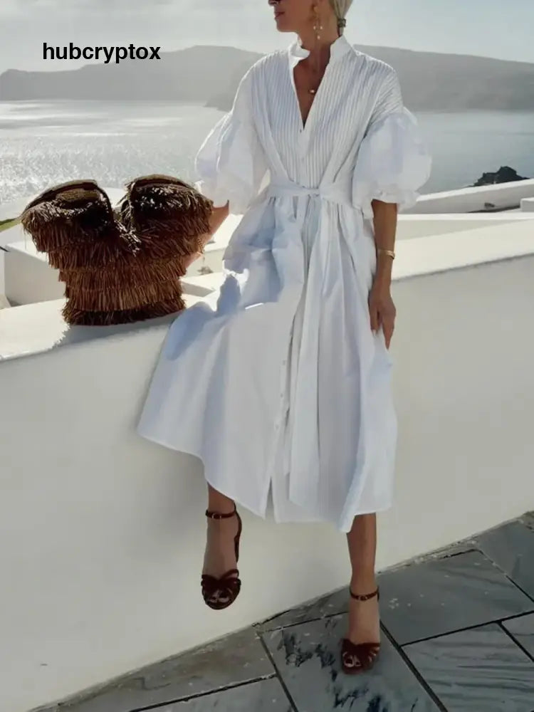 Bohemian Ruched Lantern Sleeve Midi Dress