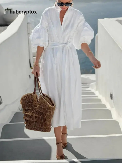 Bohemian Ruched Lantern Sleeve Midi Dress - White / S