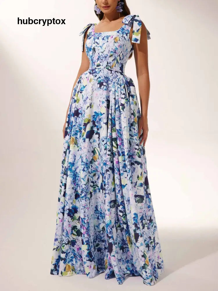 Bow Strap Hydrangea Print Maxi Dress