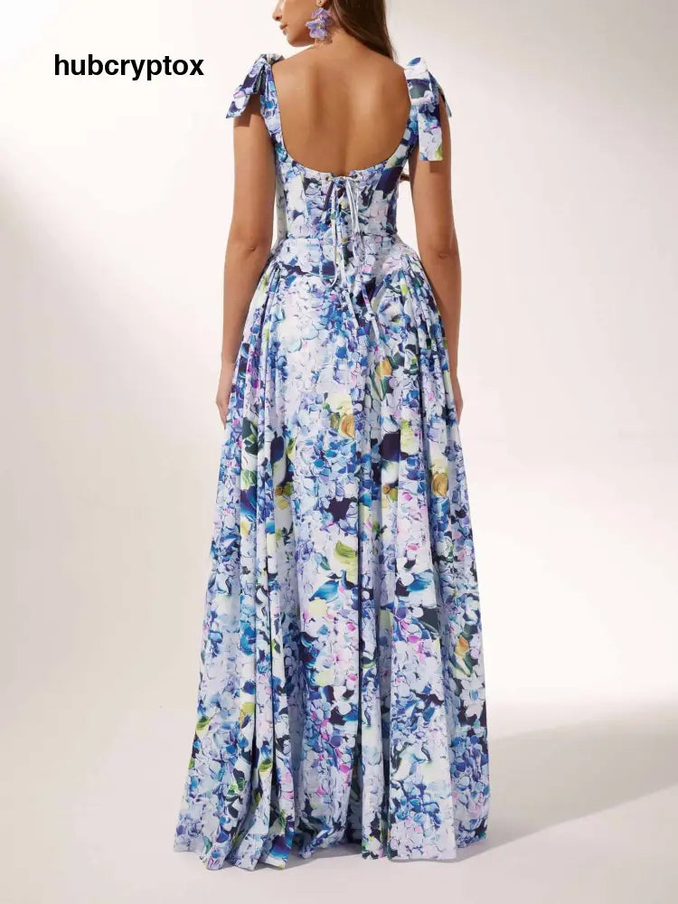 Bow Strap Hydrangea Print Maxi Dress