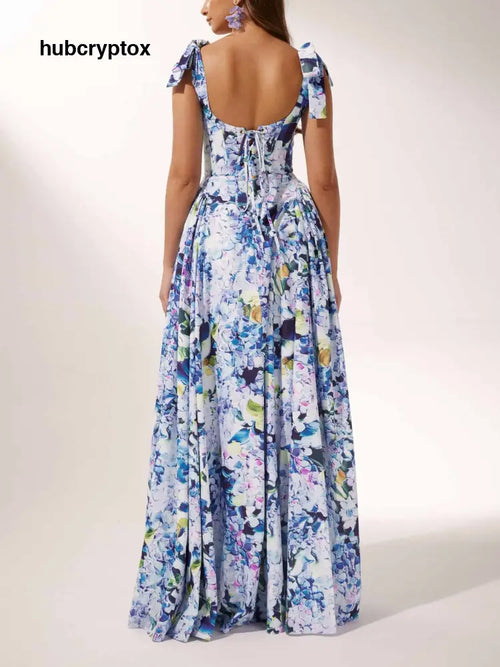 Bow Strap Hydrangea Print Maxi Dress