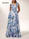Bow Strap Hydrangea Print Maxi Dress - Blue / S