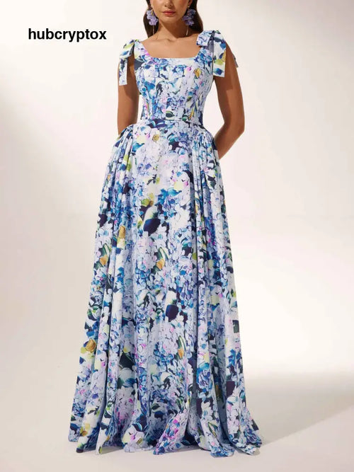 Bow Strap Hydrangea Print Maxi Dress - Blue / S