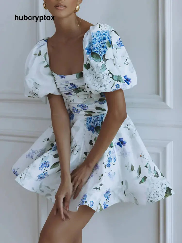 Delicate Floral Print Puff Sleeve Linen Mini Dress