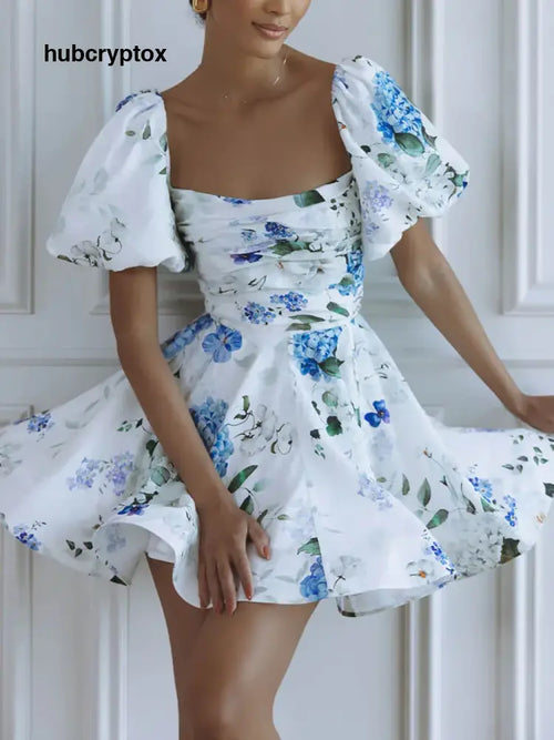 Delicate Floral Print Puff Sleeve Linen Mini Dress - Blue / S