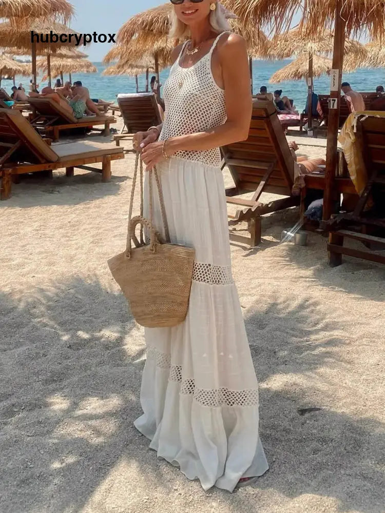 Delicate Mesh Panel Spaghetti Strap Backless Vacation Maxi Dress