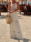 Delicate Mesh Panel Spaghetti Strap Backless Vacation Maxi Dress - White / S