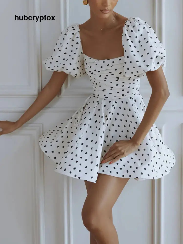 Delicate Polka Dot Linen Puff Sleeve Mini Dress