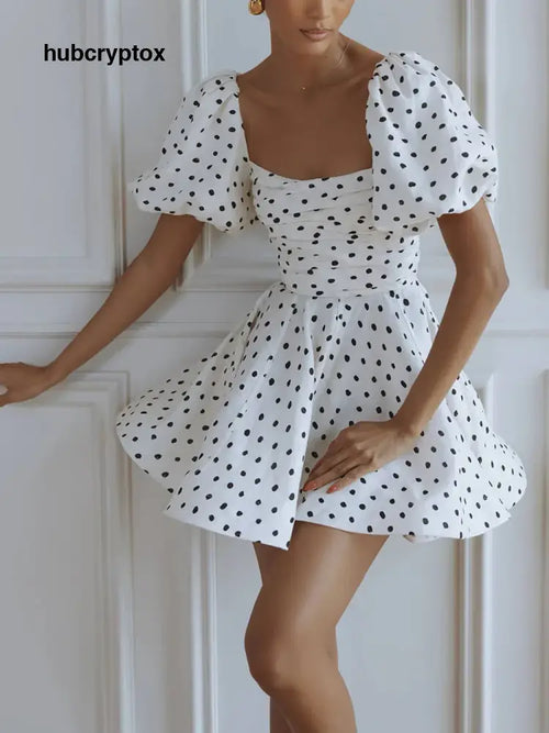 Delicate Polka Dot Linen Puff Sleeve Mini Dress