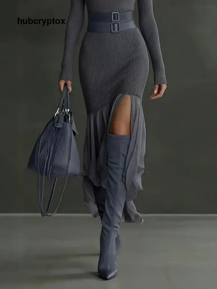 Elegant Asymmetrical Ruffled Knit Midi Dress