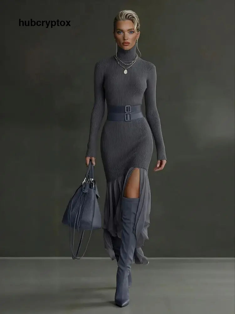 Elegant Asymmetrical Ruffled Knit Midi Dress - Grey / S