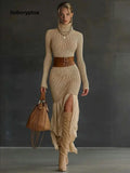 Elegant Asymmetrical Ruffled Knit Midi Dress - Khaki / S