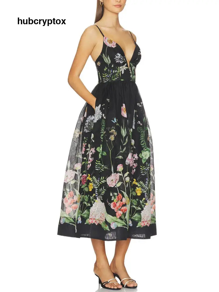 Elegant Botanical Print Deep V-Neck Fitted A-Line Midi Dress