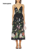 Elegant Botanical Print Deep V-Neck Fitted A-Line Midi Dress - Black / S
