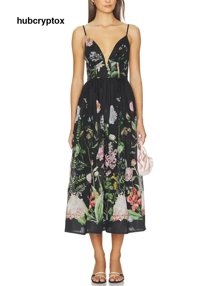 Elegant Botanical Print Deep V-Neck Fitted A-Line Midi Dress - Black / S