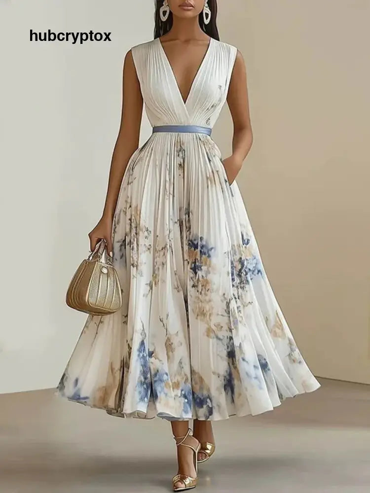 Elegant Digital Print Pleated V-Neck Sleeveless Maxi Dress