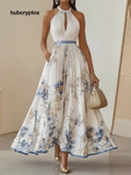 Elegant Digital Print Pleated V-Neck Sleeveless Maxi Dress - White / S