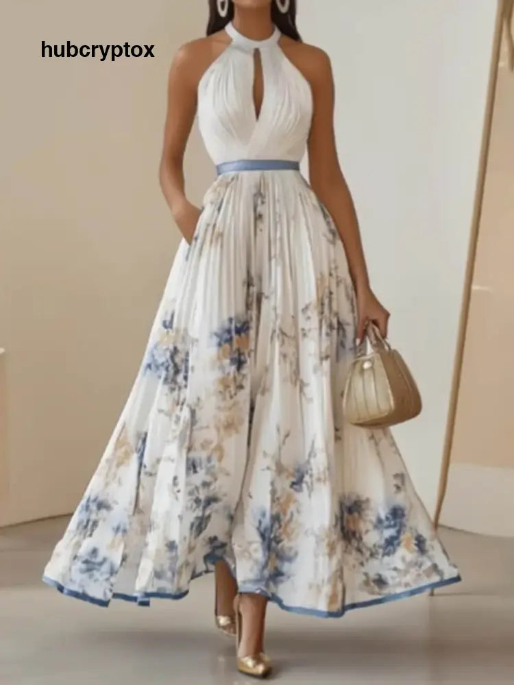 Elegant Digital Print Pleated V-Neck Sleeveless Maxi Dress - White / S