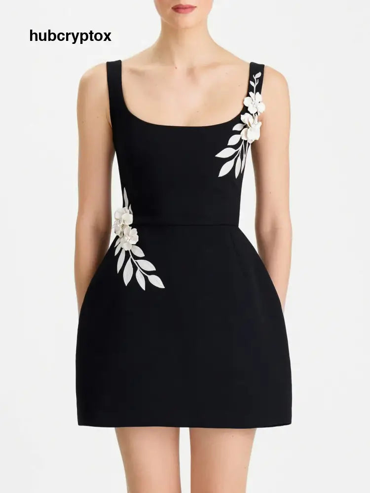 Elegant Floral Applique Sleeveless Mini Dress