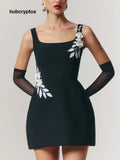 Elegant Floral Applique Sleeveless Mini Dress - Black / S