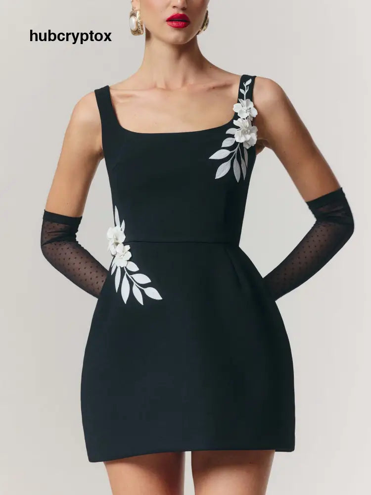 Elegant Floral Applique Sleeveless Mini Dress - Black / S