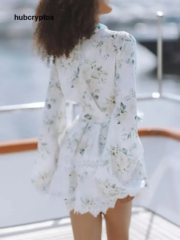 Elegant Floral Print Lace Trim Linen Mini Dress
