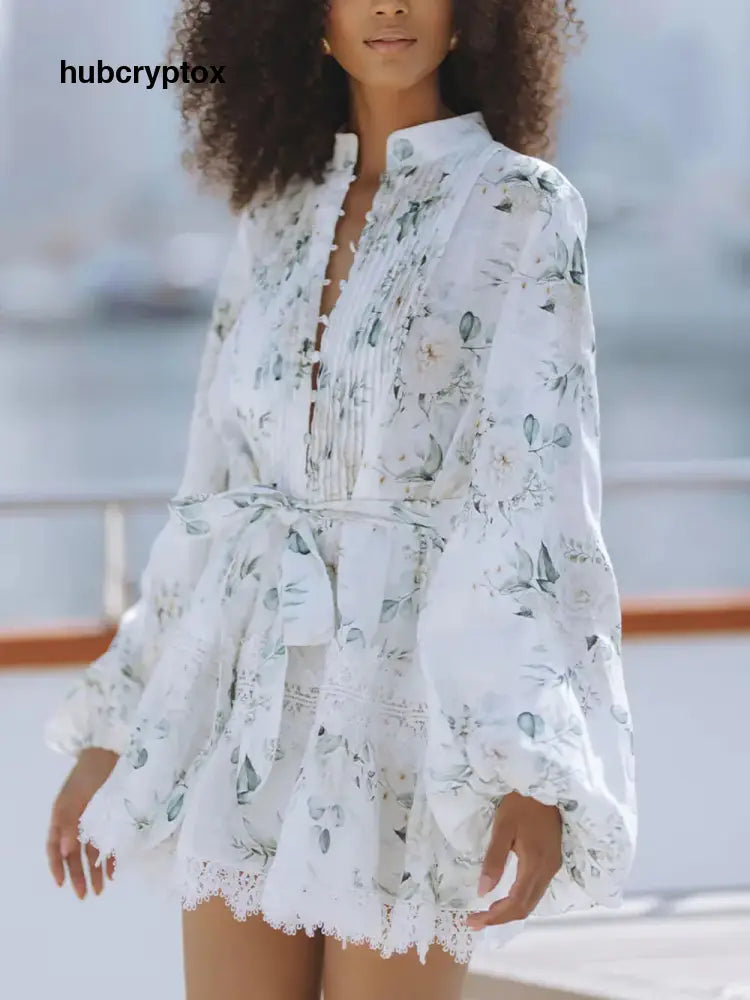 Elegant Floral Print Lace Trim Linen Mini Dress