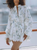 Elegant Floral Print Lace Trim Linen Mini Dress - White / S