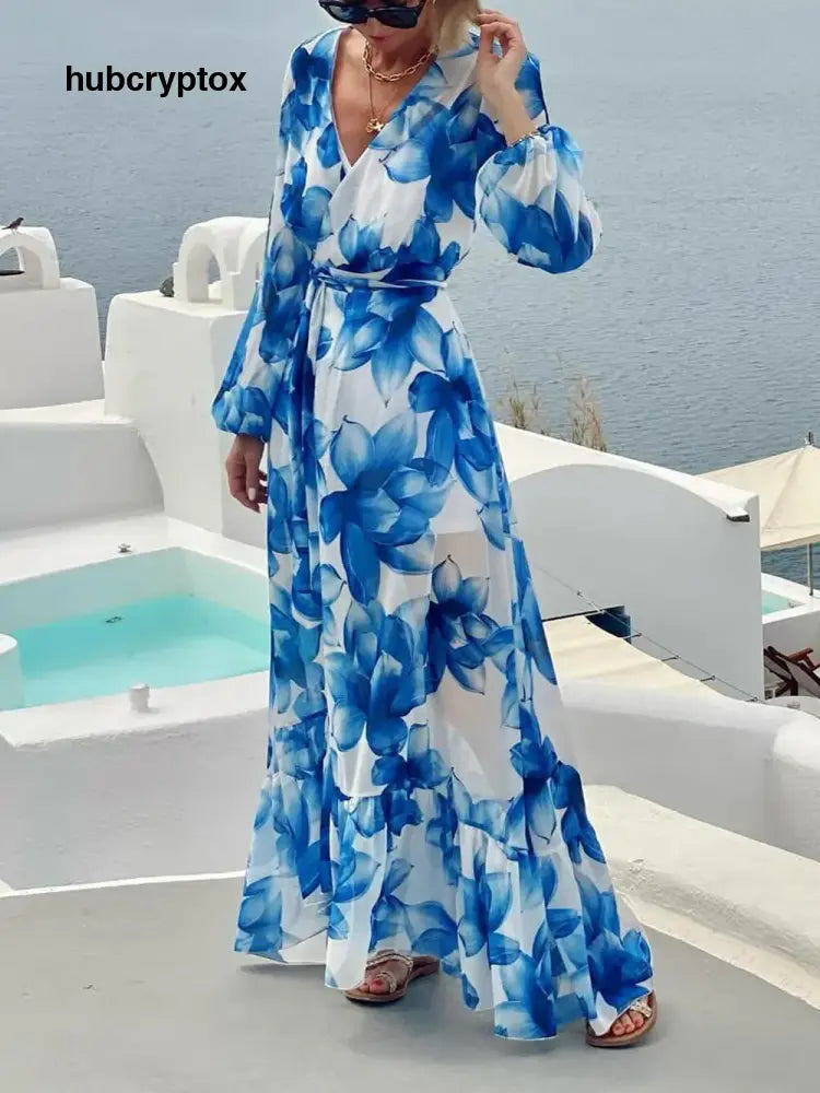 Elegant Floral Print Tie-Front Lantern Sleeve Vacation Maxi Dress