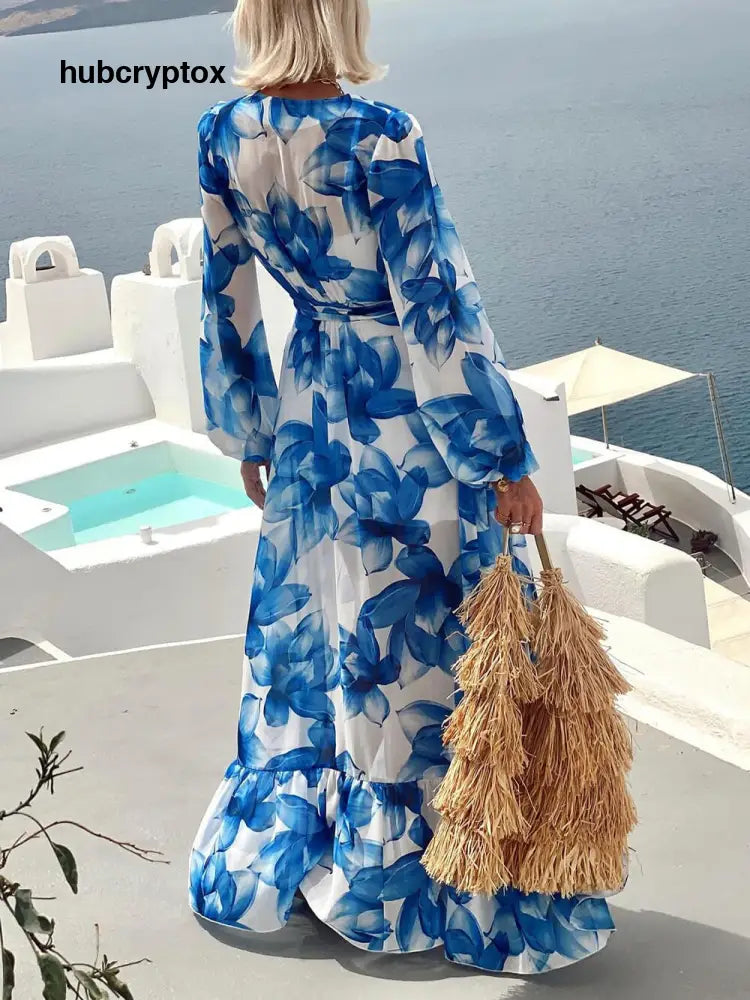 Elegant Floral Print Tie-Front Lantern Sleeve Vacation Maxi Dress