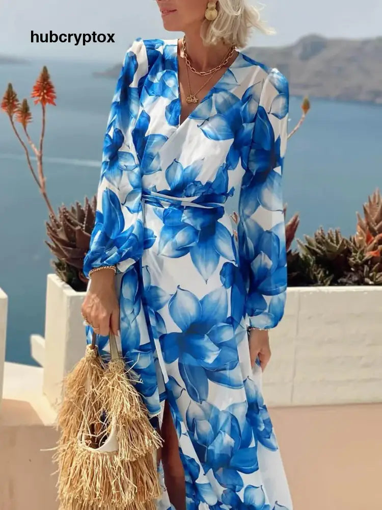Elegant Floral Print Tie-Front Lantern Sleeve Vacation Maxi Dress