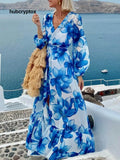 Elegant Floral Print Tie-Front Lantern Sleeve Vacation Maxi Dress - Blue / S