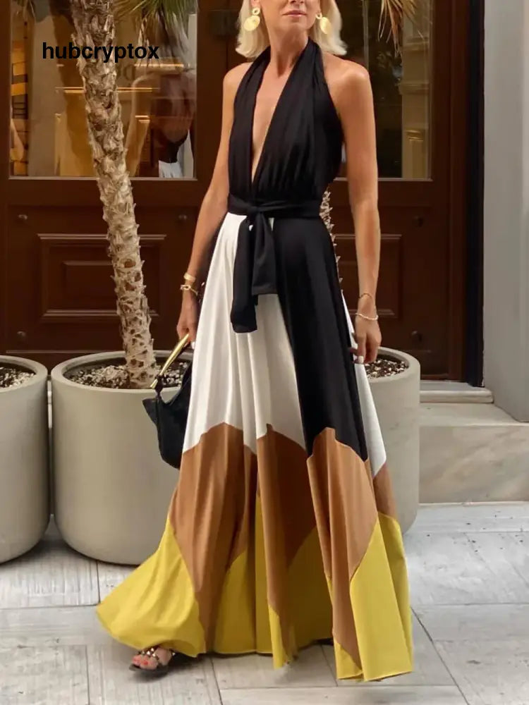 Elegant Geometric Patchwork Backless Tie-Back Maxi Dress