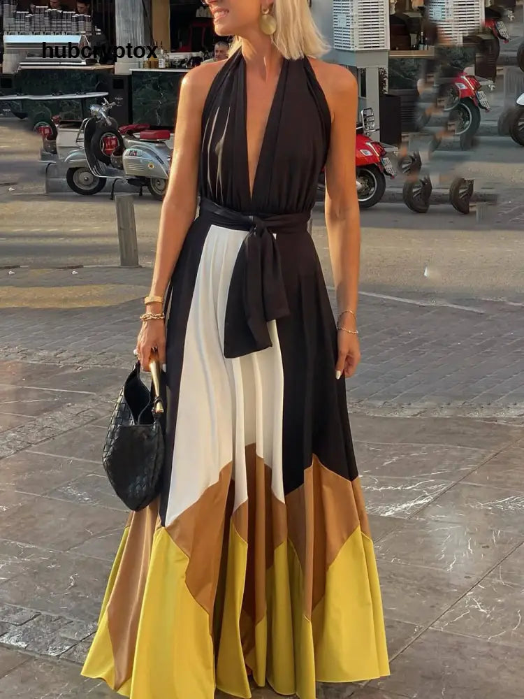 Elegant Geometric Patchwork Backless Tie-Back Maxi Dress - Multicolor / S
