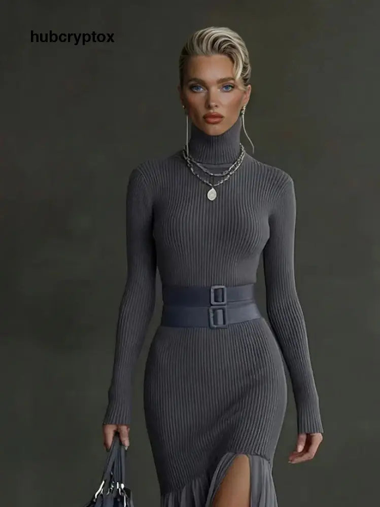 Elegant Gray Asymmetrical Ruffled Knit Midi Dress