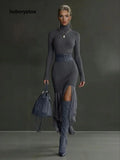 Elegant Gray Asymmetrical Ruffled Knit Midi Dress - Grey / S