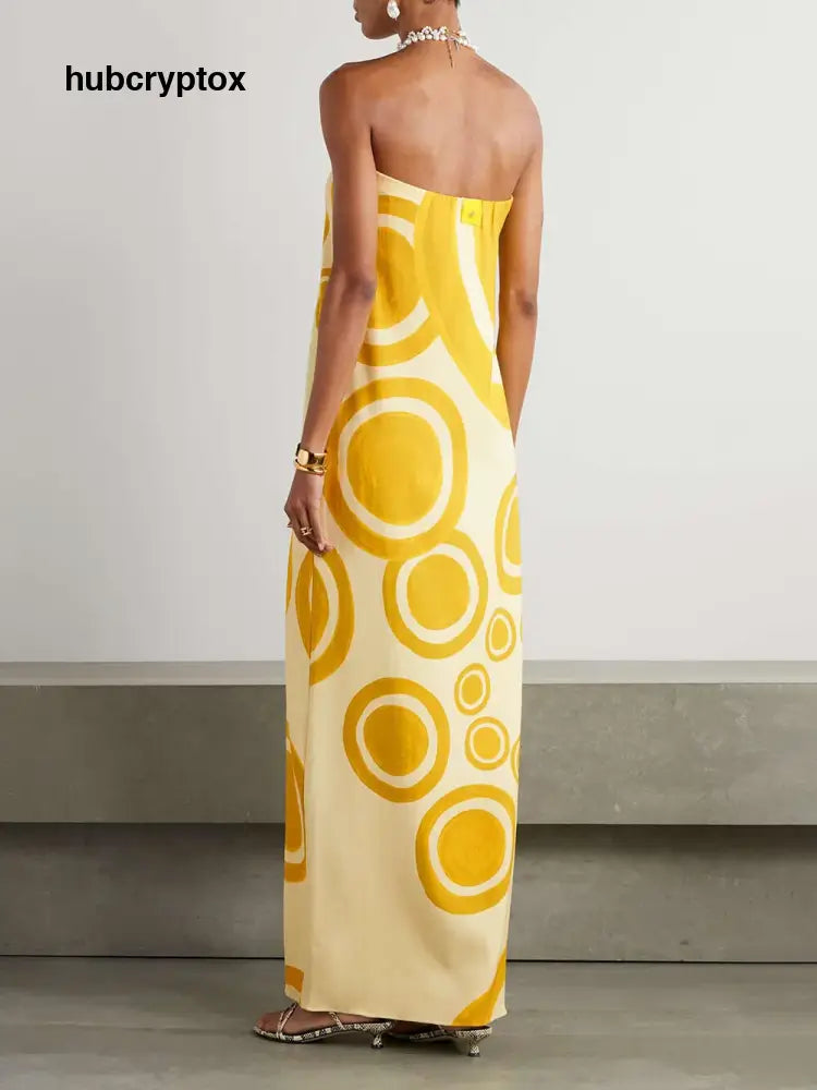 Elegant Off-Shoulder Circle Print Double-Crepe Maxi Dress