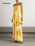 Elegant Off-Shoulder Circle Print Double-Crepe Maxi Dress - Yellow / S