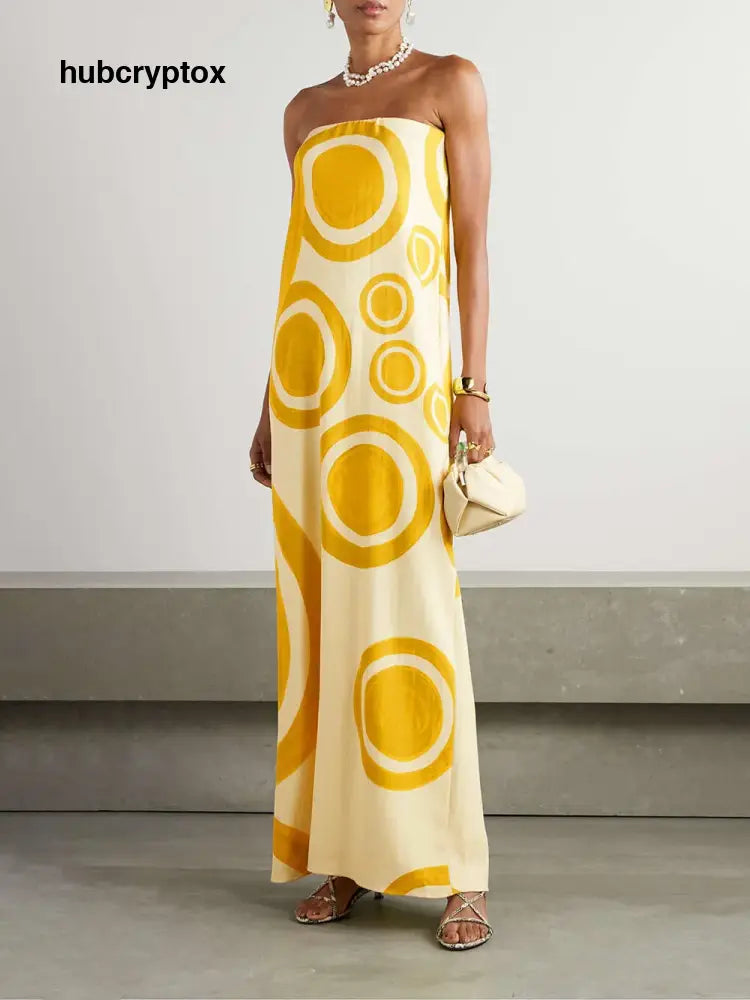 Elegant Off-Shoulder Circle Print Double-Crepe Maxi Dress - Yellow / S