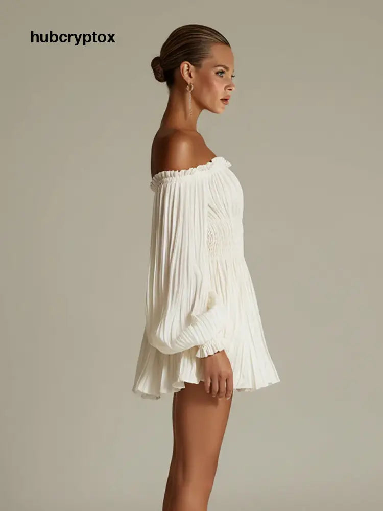 Elegant Off-shoulder Pleated Satin Puff Sleeve Mini Dress