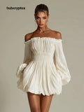 Elegant Off-shoulder Pleated Satin Puff Sleeve Mini Dress - Beige / S