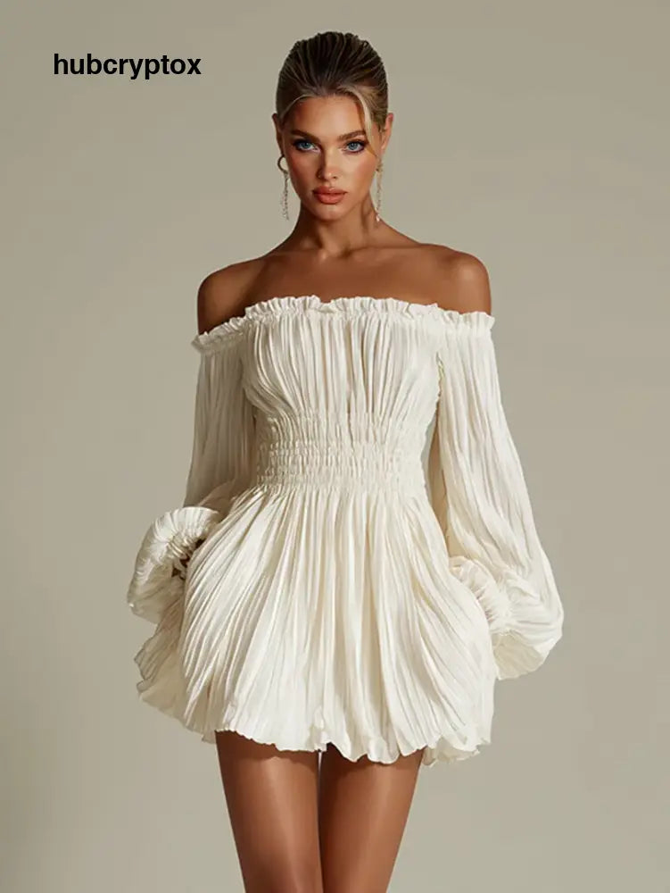 Elegant Off-shoulder Pleated Satin Puff Sleeve Mini Dress - Beige / S