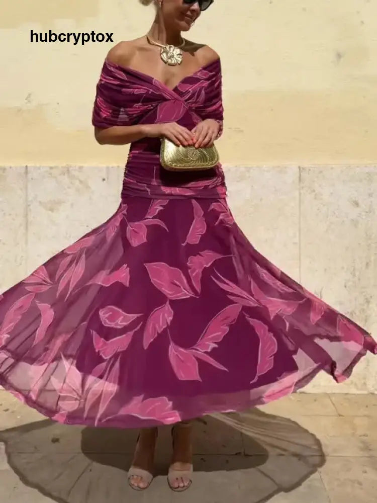 Elegant Off-Shoulder Ruched Leaf Print Maxi Dress