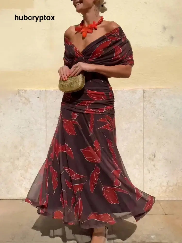 Elegant Off-Shoulder Ruched Leaf Print Maxi Dress