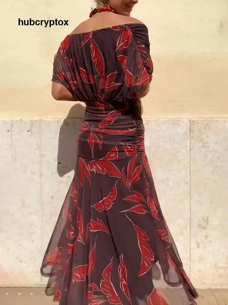 Elegant Off-Shoulder Ruched Leaf Print Maxi Dress
