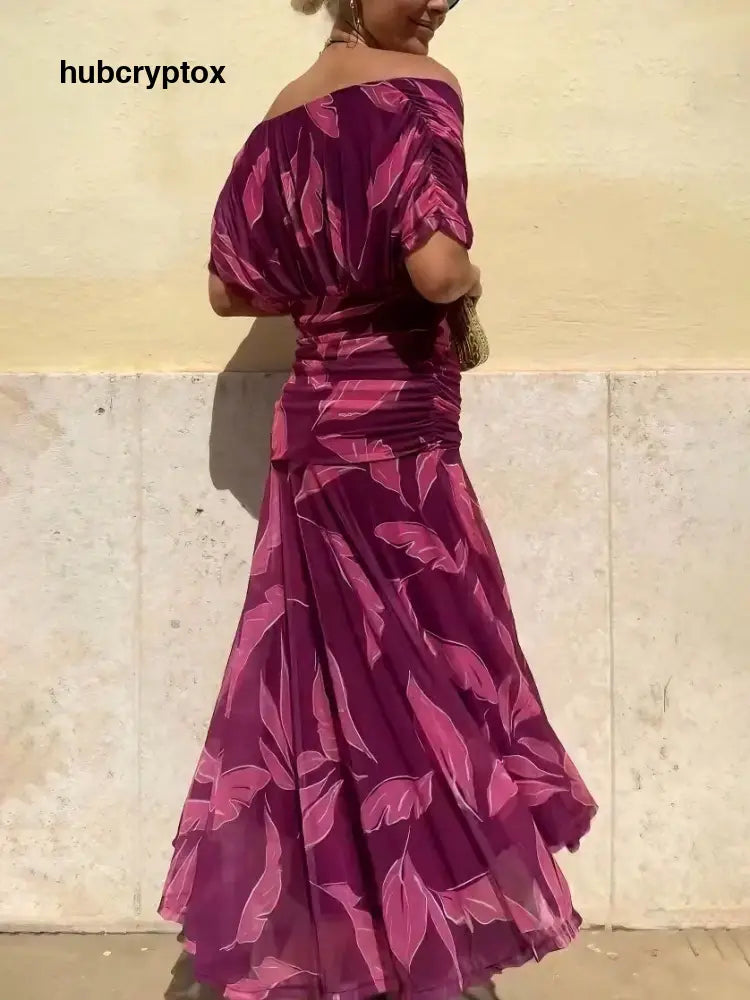 Elegant Off-Shoulder Ruched Leaf Print Maxi Dress